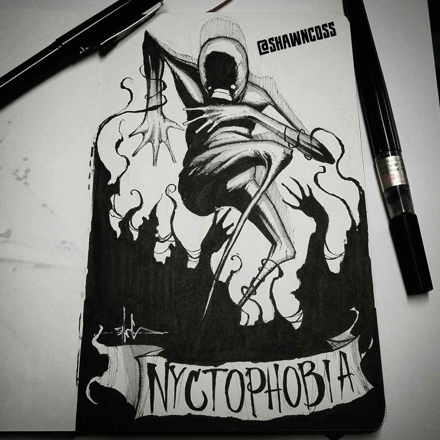 Nobofobia - Creepy, frightening drawings about the most common phobias of a person and their description Никтофобия - Изображения фобий человека