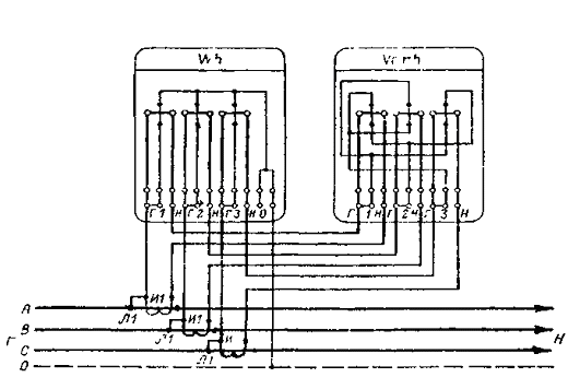 Scheme of semiclassical inclusion of three-element active and reactive energy meters in a four-wire network with combined current and voltage circuits