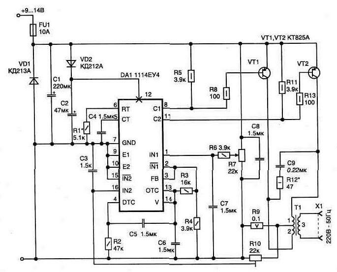 Electrical circuit of a pulse converter with 12 V to 220 V 50 Hz