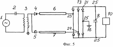 electric circuit device for transmitting electrical energy to the rectification of current and voltage for two single-wire lines, one of which convey a positive half-wave voltage and current, and on the other a single-wire line - negative half-wave voltage and current, both lines have a common device, load matching