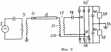 the circuitry device for transmitting electrical energy on a single line with a positive wave of voltage and current and the two resonant circuits and transformers Tesla at the beginning and end of the line