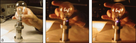 Photos of experiments showing the glow of an incandescent lamp in the hand