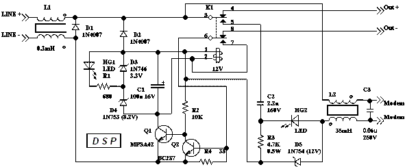 The scheme of the filter and amplifier for telephone modems