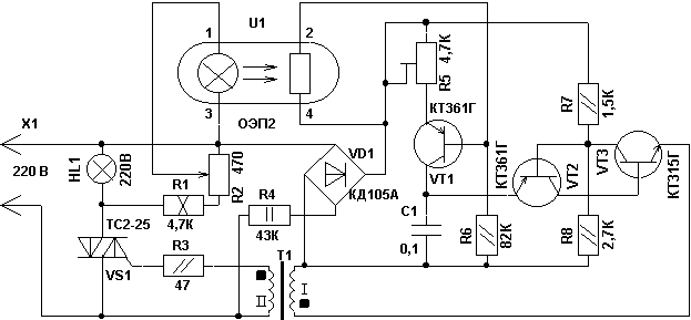 The circuit of the optocoupler voltage regulator.