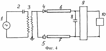 the circuitry device for transmitting positive and negative half-wave of current and voltage on the two single-wire lines, in which both consumer lines are connected to the capacitive drive and the electronic key via the load c