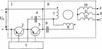 Basic circuit diagram of a DC-to-three-phase AC converter