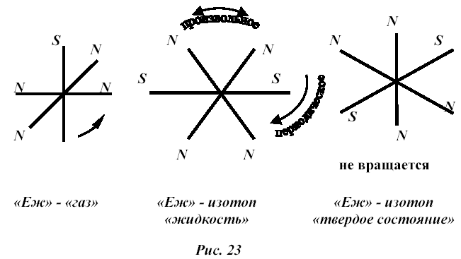 The change in the aggregate state of chemical elements is the presence of different lengths in the hedgehogs and the rotation of the axes (N - N, S - S) in the horizontal and vertical planes