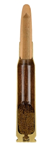 Sockets in a cut: Swedish training cartridge of caliber 6,5x55 mm Swedish Mauser with a wooden bullet